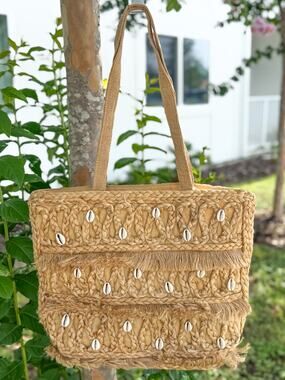 Salt + Umber Cowrie Shell Jute Tote Bag Boho Woven Fringe Beach Purse